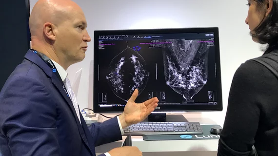 AI is still one of the key technologies on the floor that many radiologists want to learn more about. A product rep discussing breast automated detection AI in the crowded Lunit booth at RSNA 2022.